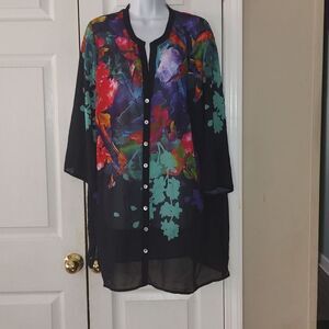 Soft Surroundings sheer gorgeous floral garden button down tunic shirt Sz 1X
